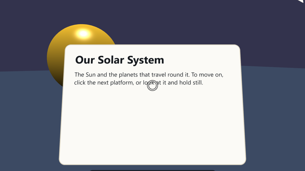 The first platform of the VR presentation, with the Sun behind its card