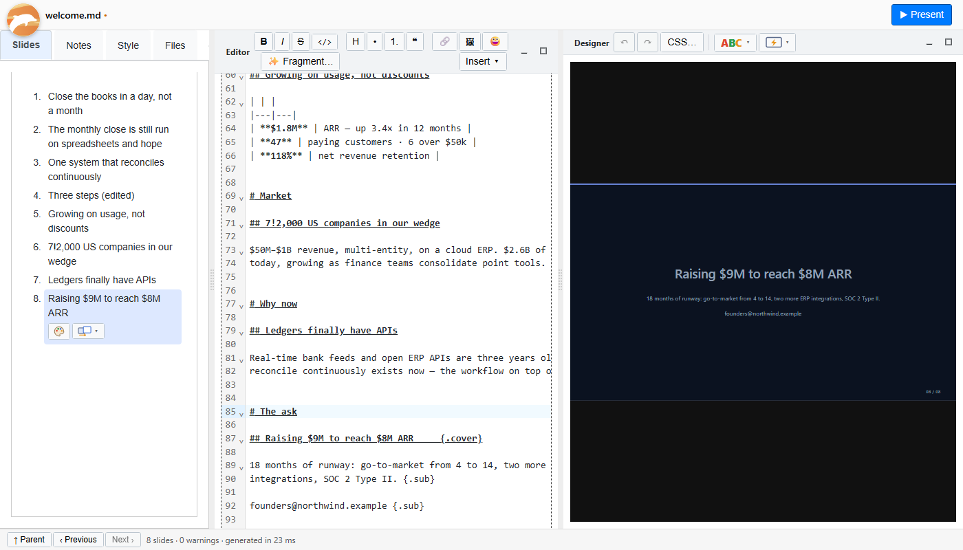 The Jollify editor: Markdown on the left, a live presentation preview on the right